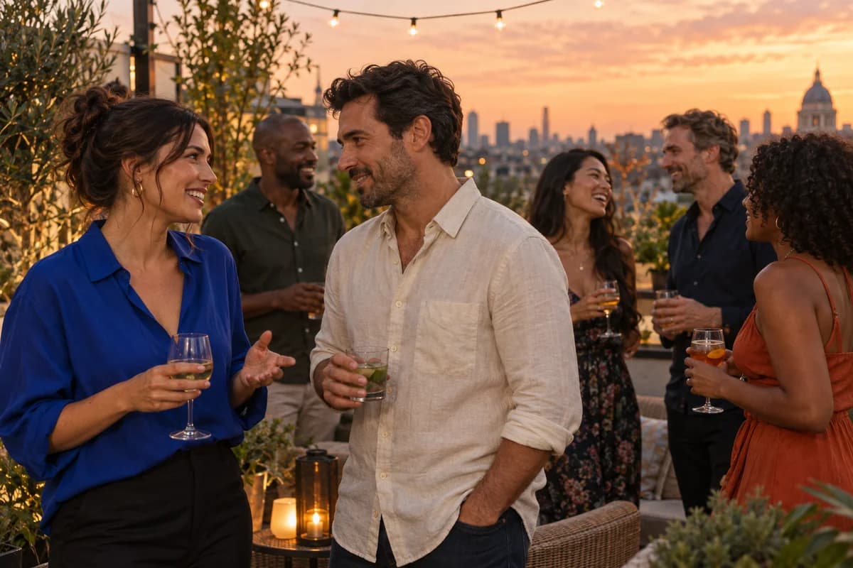 Singles enjoying conversation on a rooftop