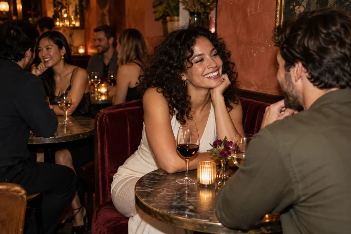 A man and woman talking at a relaxed singles evening
